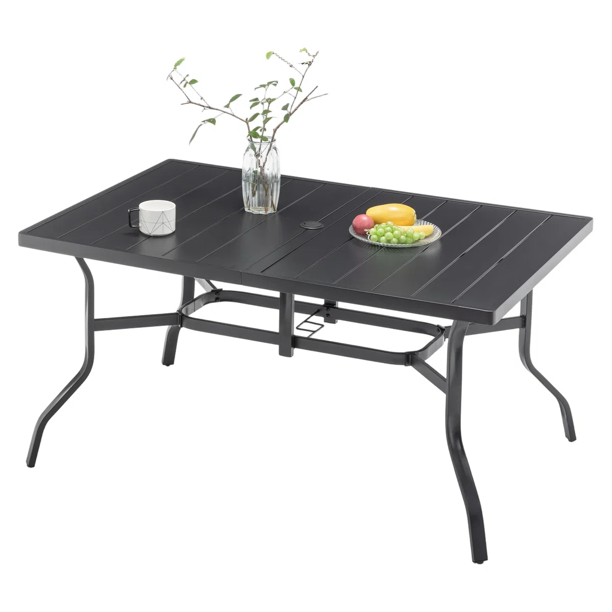 Thanaddo Gartentisch mit Schirmloch für 6 Personen, Wetterfest Terrassentisch aus Stahl, Draussen Metall Tisch Gartenmöbel 150x94 cm Gartentische Campingtisch für Garten Balkon Outdoor, Schwarz