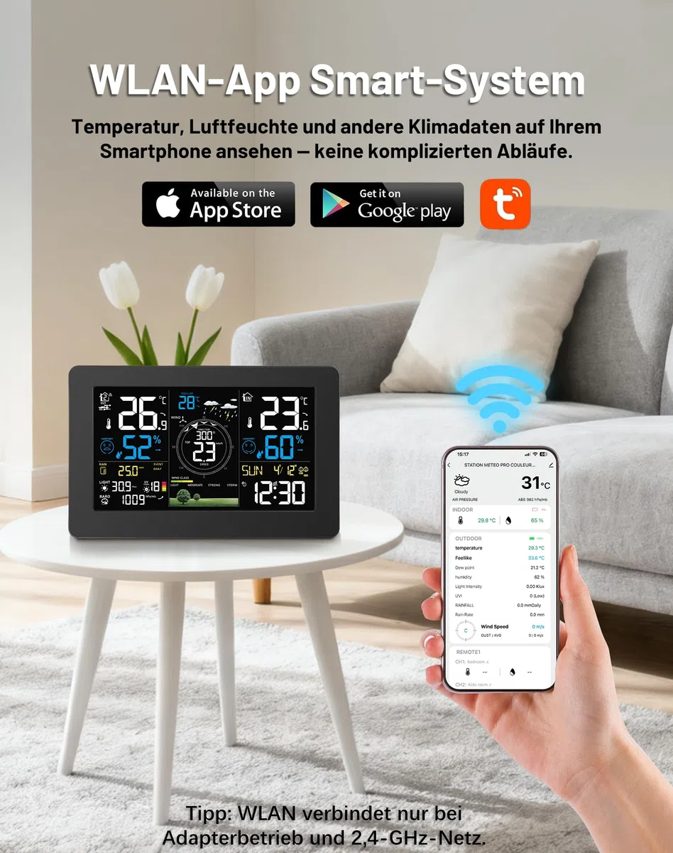 WLAN Wetterstation mit Außensensor, 11-in-1 Profi Funkwetterstation mit Windgeschwindigkeit Windrichtung, Regenmesser, Temperatur, Luftfeuchtigkeit, Luftdruck, Wettervorhersage, UV-Index, Alarm