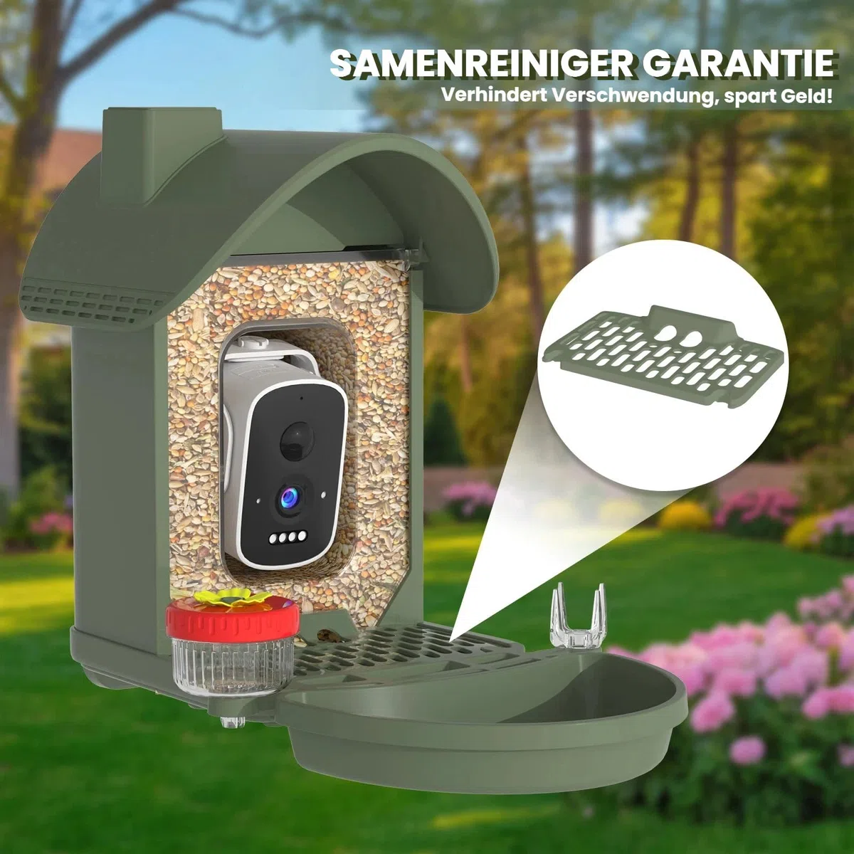 Vogelhaus mit Kamera, 3K Smart Vogelhäuschen mit KI-Vogelerkennung & Vogeltränke, Solarbetrieben Vogelbeobachtung Kamera mit Edelstahlkabel & Futter-Schutznetz, Outdoor Garten Geschenk