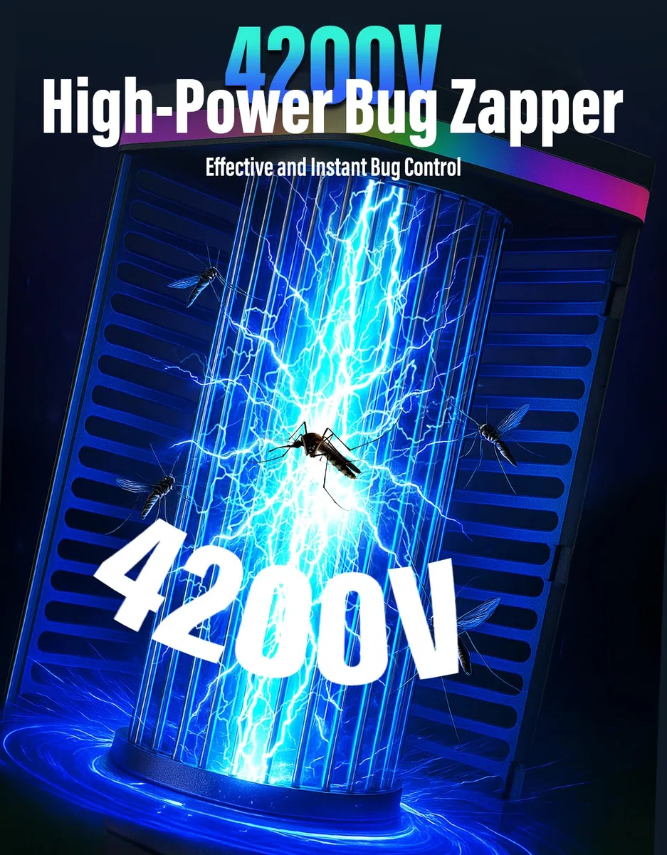 Bug Zapper Outdoor Kabellos, 4200V Elektrischer Mückenzapper mit LED Blaulicht, 3 in 1 Tragbarer & Wiederaufladbarer Bug Zapper Outdoor Wasserdicht IP67, Kabelloser Hängender Fliegenvernichter für