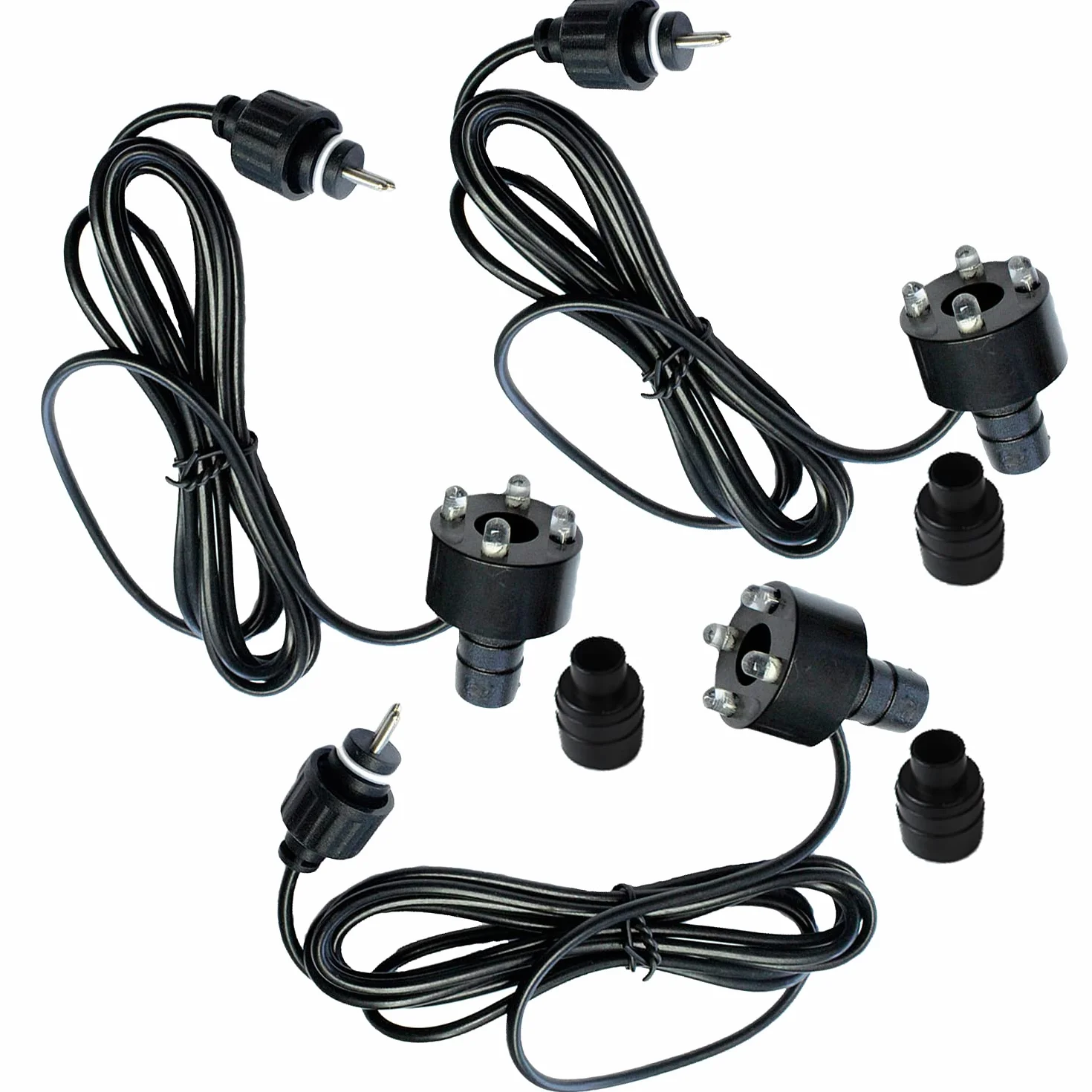 3er Set LED Quellsteinbeleuchtung RGB 12V AC | Ersatzbeleuchtung für Springbrunnen & Wasserspiele | Ohne Netzteil | 2m Kabel | Doppelpin Standardstecker | inkl. 1/2" & 3/4" Schlauchanschlüsse