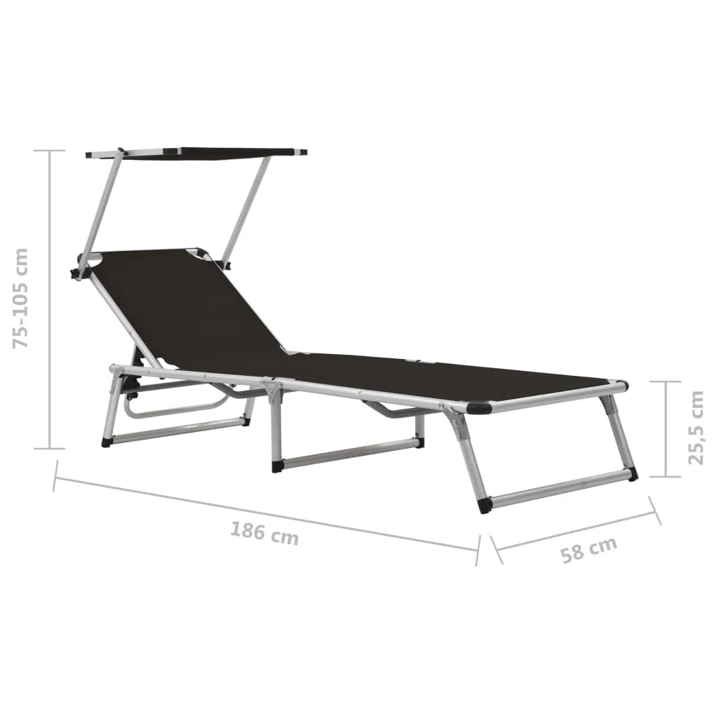 Klappbare Sonnenliege Gartenliege mit Dach, 2er Set aus Aluminium und Textilene, verstellbare Rückenlehne, 186 x 58 x 75 bis 105 cm, für Terrasse Balkon Pool Strand Outdoor