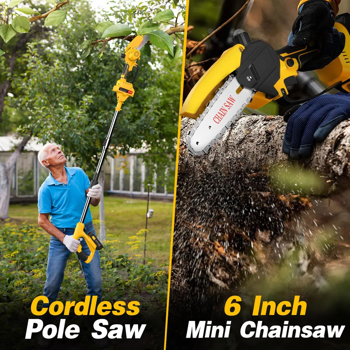 2-in-1 hochentaster akku&6” Mini Mettensäge teleskop kettensäge akku astschere mit teleskopstiel 4.0Ah-Akkus, inklusive Ölkanister, für Garten, Hof und landwirtschaftliche Astschnittarbeiten