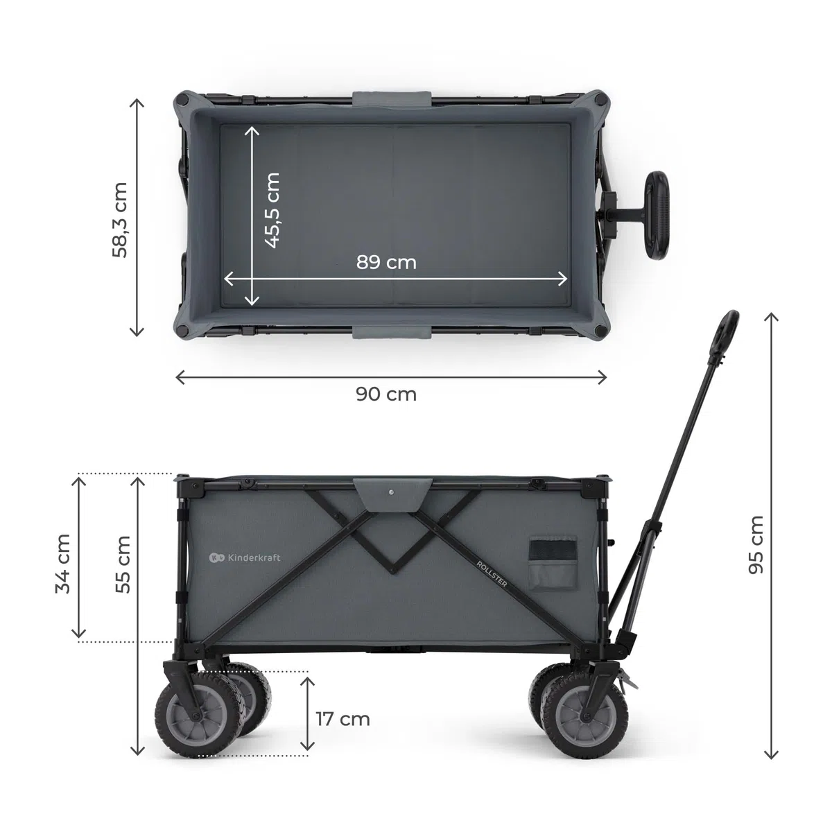 Kinderkraft ROLLSTER, klappbarer Bollerwagen, Tragkraft 100 kg, Volumen 130 l, Stabiler Stahlrahmen, Oxford 600D Gewebe, große Geländeräder, Teleskopgriff, kompakt, leicht zu transportieren, Grau
