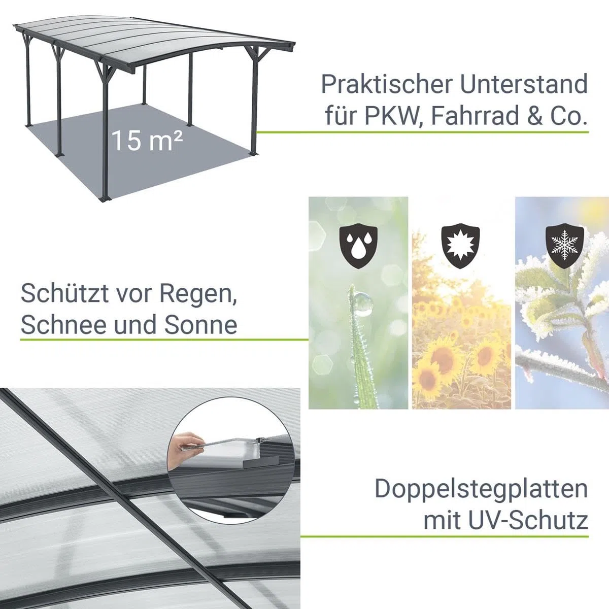 Aluminium Carport München Überdachung 5 x 3 m grau anthrazit KFZ PKW Auto Boot Hänger Fahrrad mit Aluminiumrahmen (Bogendach)
