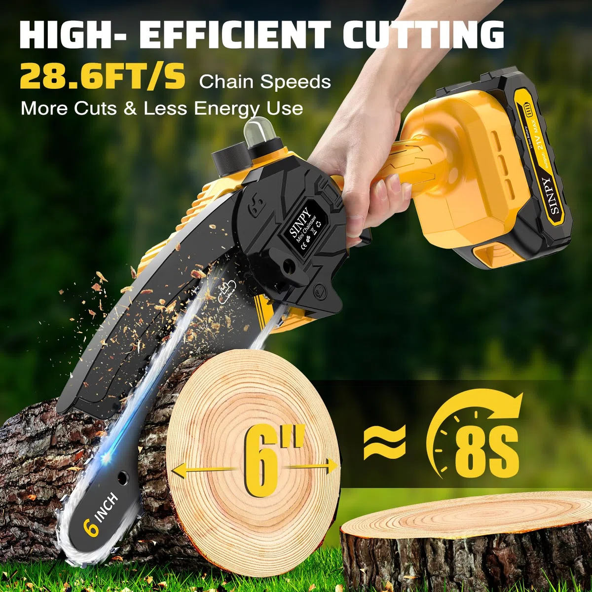 6 Zoll Kabellose Mini-Kettensäge, elektrische Kettensäge, 15,2 cm, mit 2 x 2000 mAh Batterien, Akkusäge mit Sicherheitsverriegelung und automatischer Öler für Garten, Holzschnitt