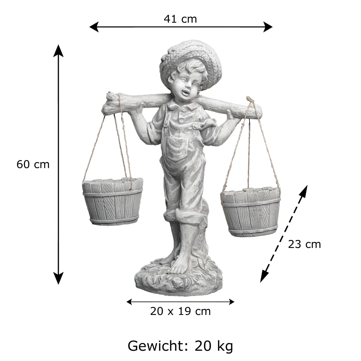 gartendekoparadies.de Junge mit Blumenampel, Steinfigur für Außenbereich, Grau, Frostsicher aus Steinguss, H. 60 cm, 20 kg