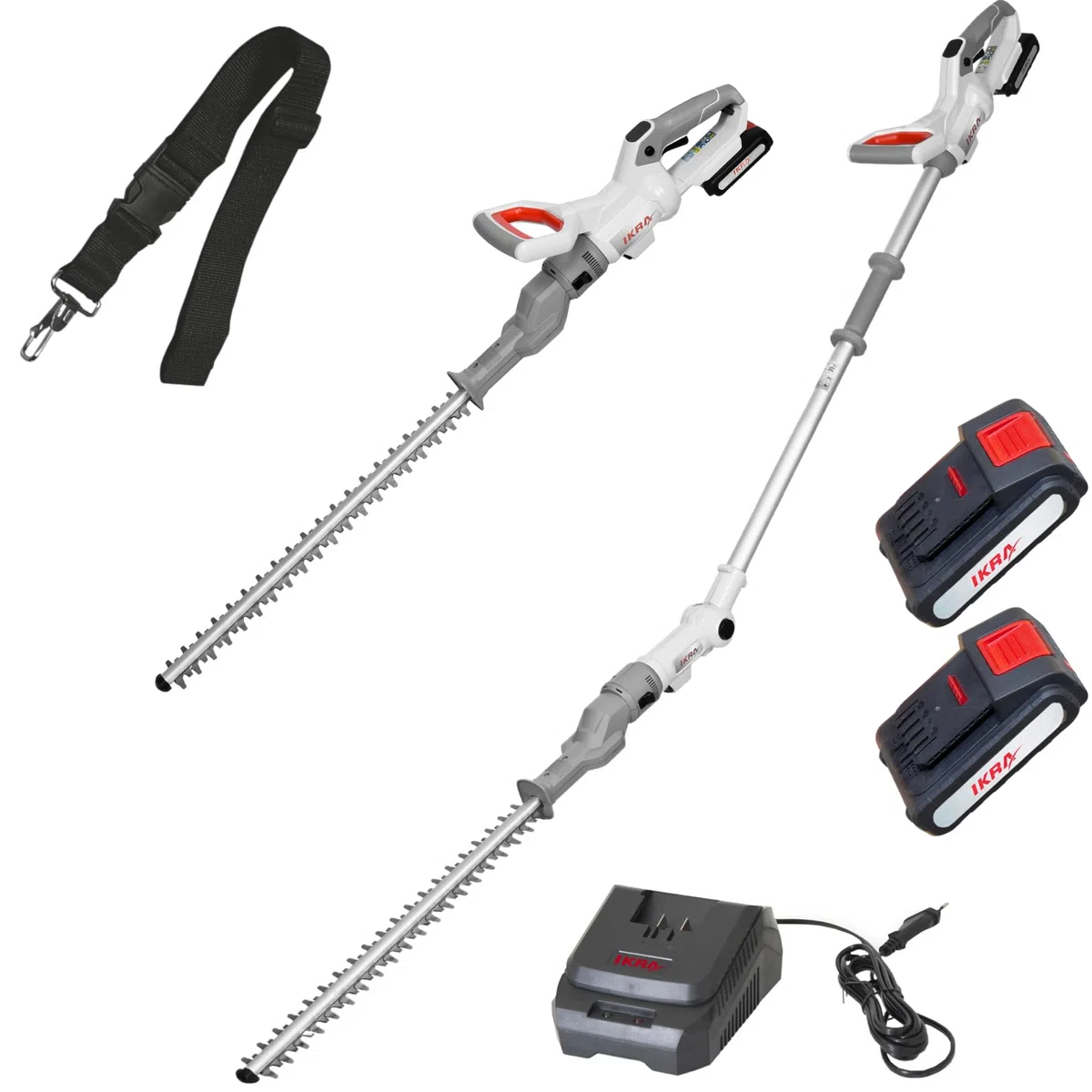 IKRA 2in1 Teleskop Heckenschere ICPH 2050, inkl 2 Akkus & Schnelllader | Einsetzbar für normale Hecken oder mit Teleskopierung für hohe Hecken, inkl. Schultergurt, 20 Volt Akku-Familie von IKRA