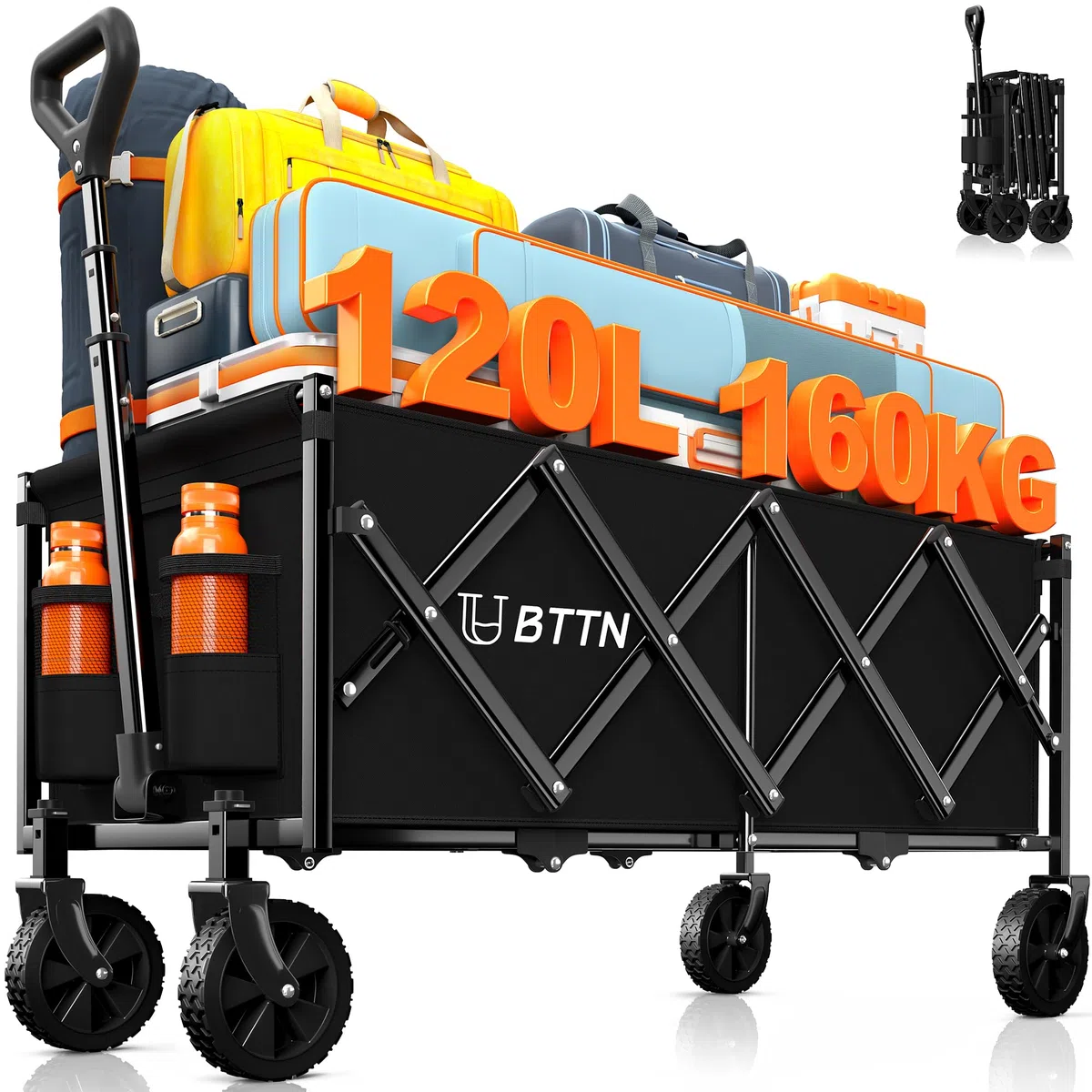 BTTN 120L Klappbarer Bollerwagen, 160kg (350LBS) Traglast Handwagen Faltbar mit Leisen Rädern, Bollerwagen für Garten, Camping, Einkaufen & Picknick, Faltbar Transportwagen mit Stabil Rädern, Schwarz
