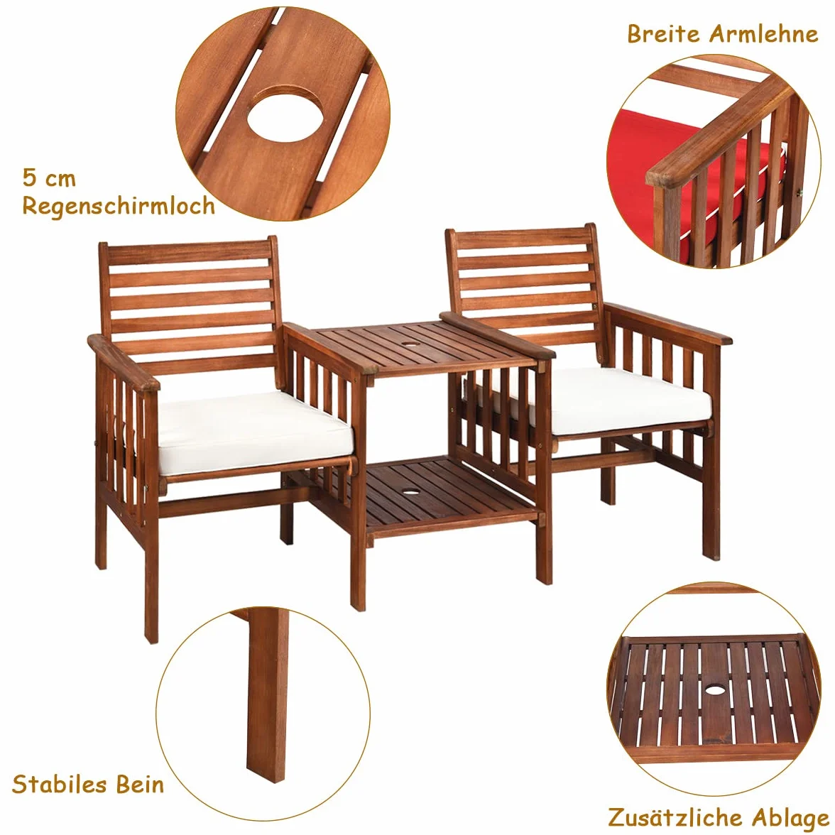 COSTWAY Gartenbank mit Tisch, 2-Sitzer Holzbank mit Sitzkissen & Schirmloch, Sitzbank aus Akazienholz bis 350 kg belastbar, Terrassenbank für Balkon, Garten, Terrasse, 165 x 65 x 88 cm