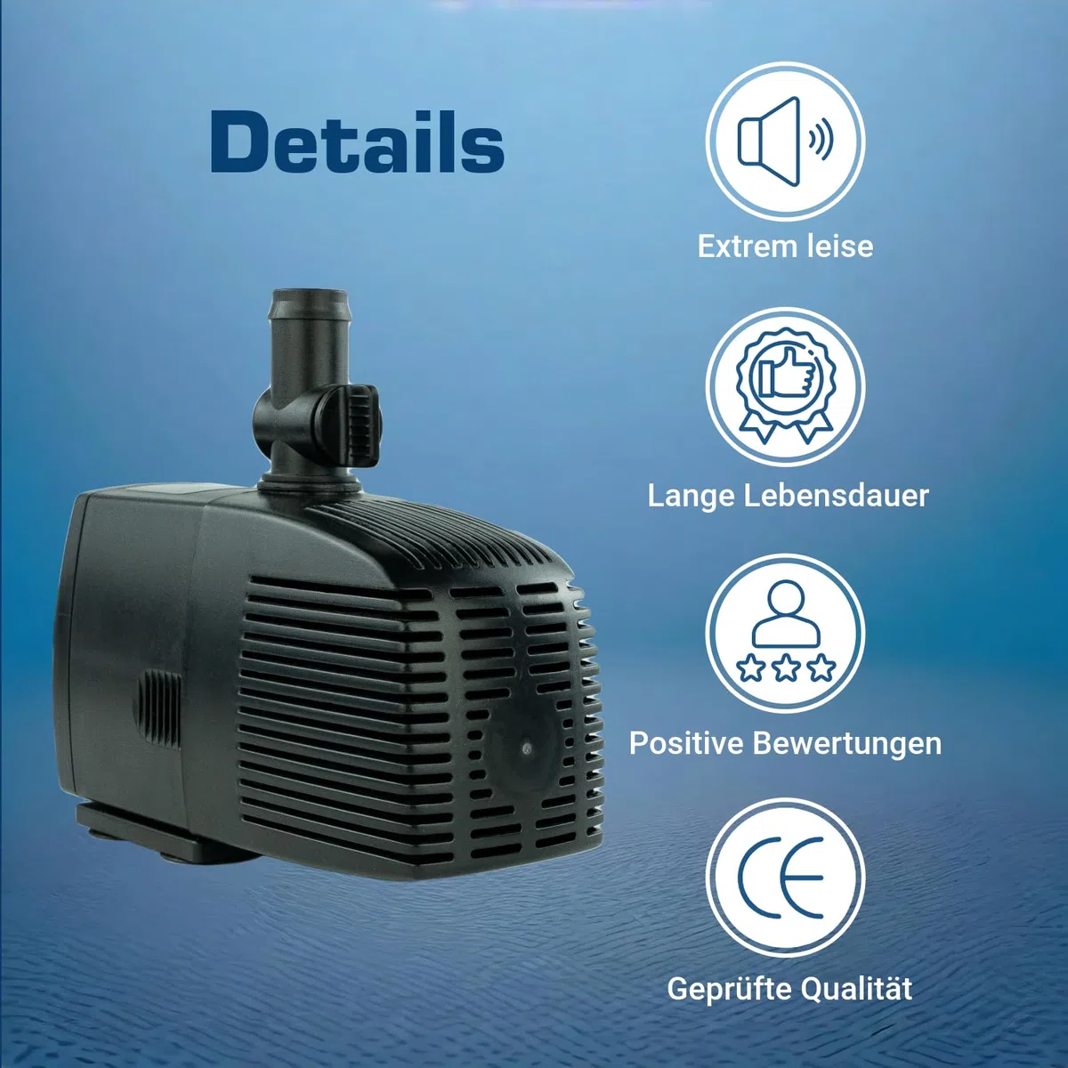 Teichpumpe 12 V – 1.500 L/H, 25 Watt, 10m Kabel, 250 cm Förderhöhe, Wasserpumpe, Aquariumpumpe, Wasserspielpumpe und Zimmerbrunnen-Pumpe | Brunnenpumpe | Tauchpumpe | Springbrunnen-Pumpe | KEP1500L