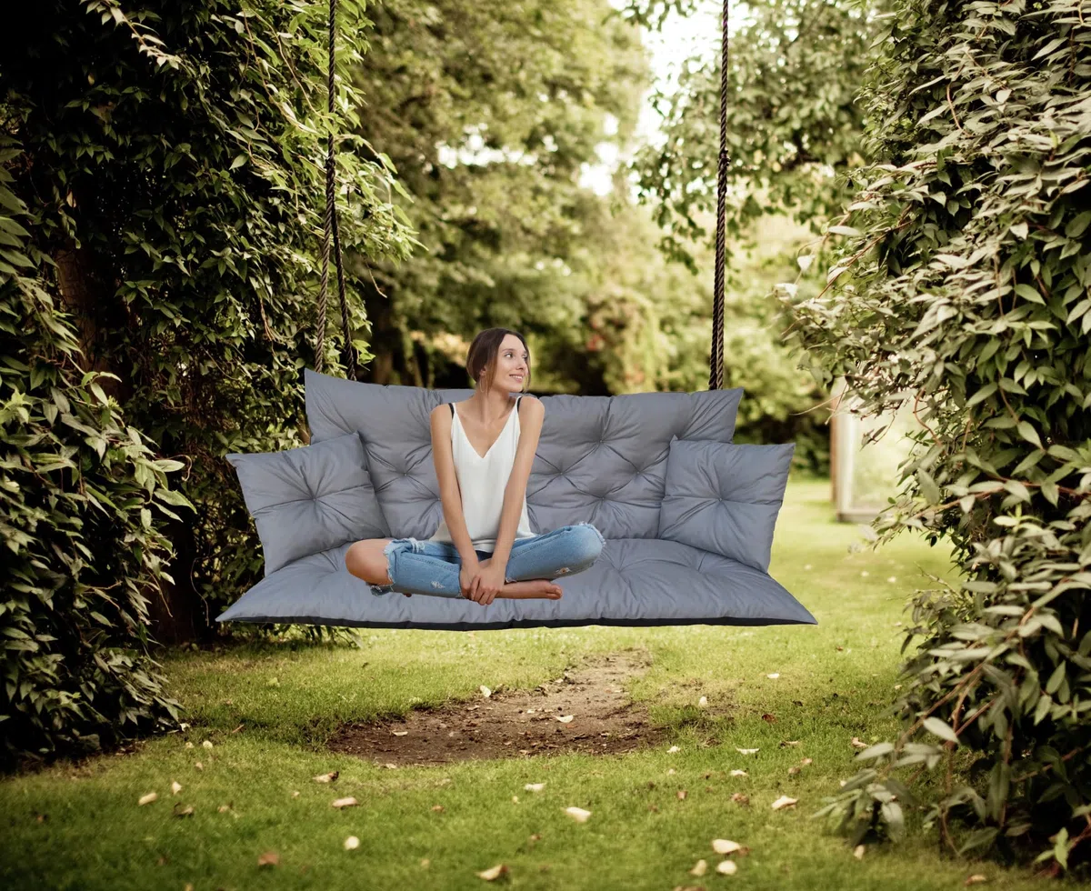 Hollywoodschaukel Auflage Grau 150x60x50 cm, wasserabweisendes Sitzkissen inklusive 2 Kissen, Outdoor Auflage für Gartenbank und Schaukel