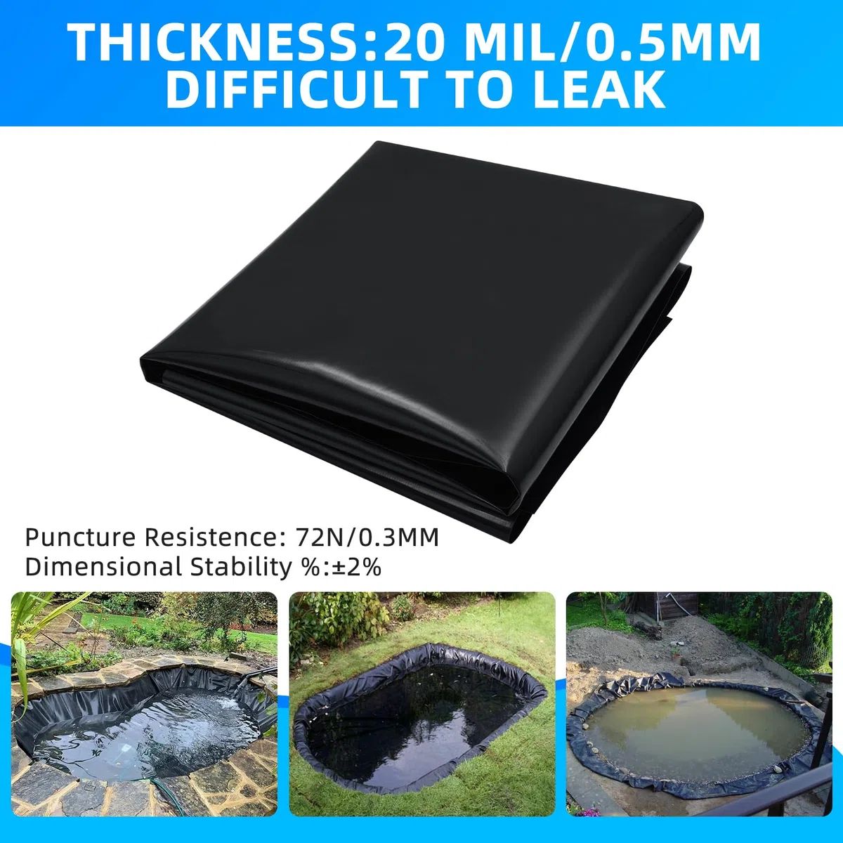 Teichfolie 6x6m, Teichwanne Stärke 0,5mm, Schwarz HDPE Teichfolien Schwerlast, Dichtungsfolie Teichmembran Schwimmteich Folie für Fischteiche/Brunnen/Wassergarten/Wasserfall/Teichbecken/Gartenteich