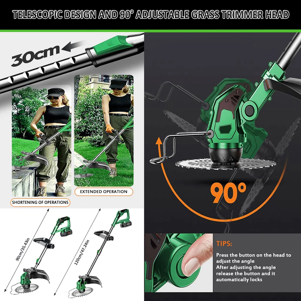 Akku Rasentrimmer mit Akku 24V Akku Freischneider 3 in 1 Elektro Rasentrimmer mit 2X2.0Ah Akku & Ladegerät, Multitool Rasentrimmer mit Messer 90-120cm Teleskop Rasenkantenschneider,Green