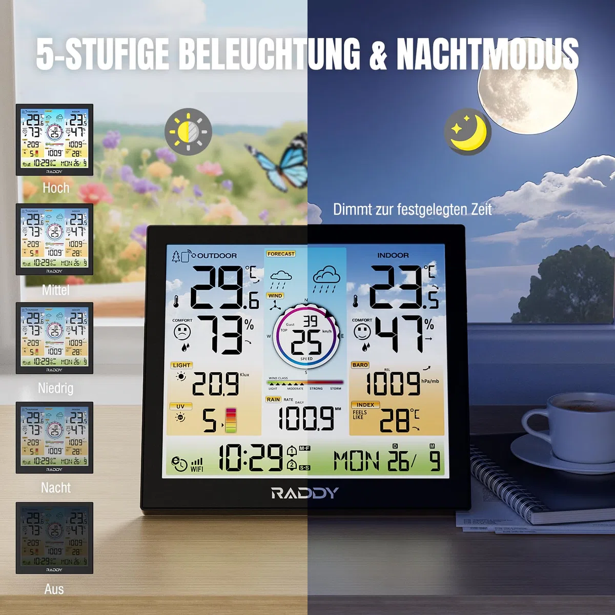 Raddy WF-120C WLAN Wetterstation mit 7-in-1 Außensensor, 10" Farbdisplay, Regenmesser, Windmesser, UV- & Lichtindex, Innen- und Außenthermometer, Wettervorhersage, Luftfeuchtigkeit & Luftdruck