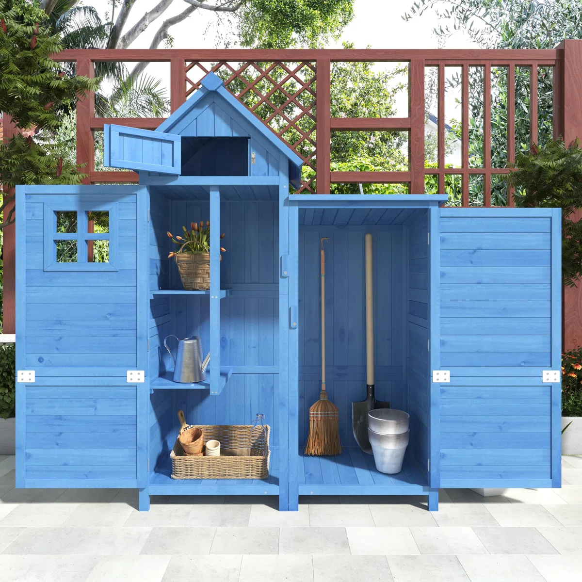 Su & Chan Legence Gartenhaus aus Holz, Geräteschuppen mit 2 Ablagen, 2 Türen und PVC-Dach, wetterfest Gartenschrank für Garten, Balkon und Terrasse, Blau