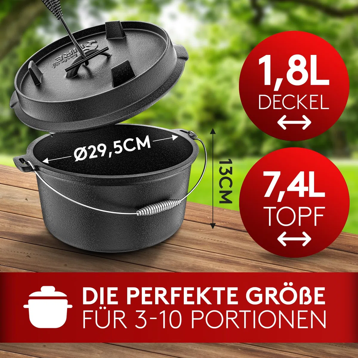 BBQ Dutch Oven [Das Original] - 7,4 Liter Dutch Oven Set mit Topfständer & 1,8 Liter Deckel mit Doppelfunktion zusätzlich als Grillpfanne nutzbar – inkl. Deckelheber und E-Book