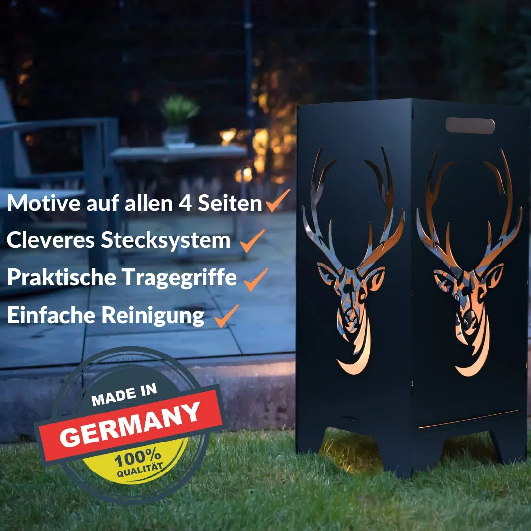 Feuertonne Mit Natur Motiv | Stabiles Stecksystem Mit Tragegriffen | Besonders Robust & Aus Hochwertigem Stahl | Für Eine Knisternde Gemütlichkeit In Deinem Garten (78cm Hirsch)