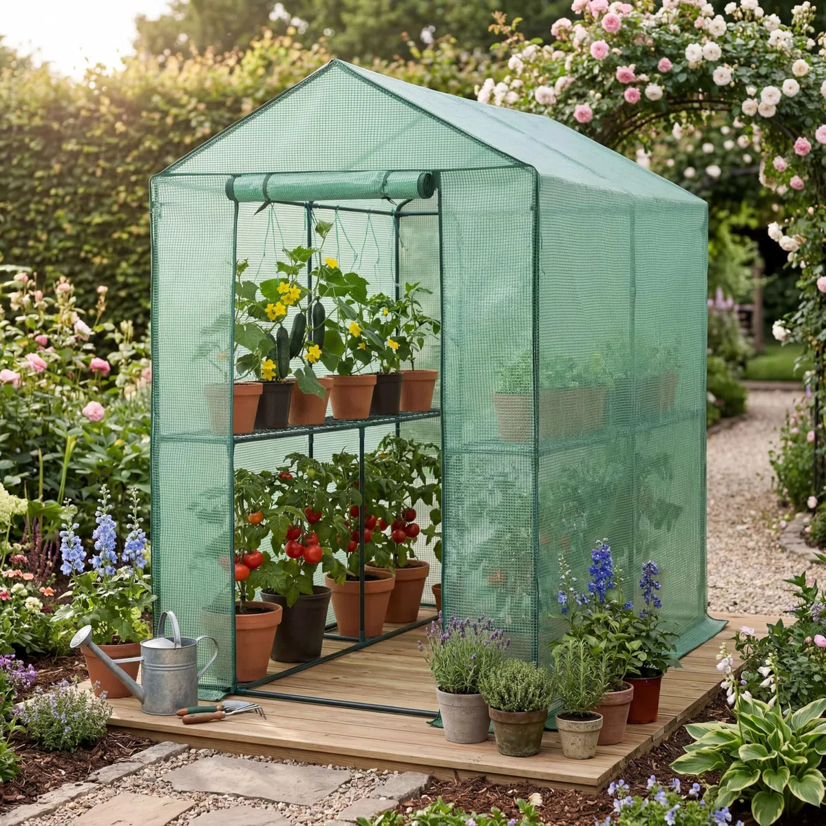 Gardebruk® Gewächshaus 190x186x120 cm Tomatengewächshaus Begehbar mit 4 Ablagen Foliengewächshaus Treibhaus mit Aufrollbarer Tür für Garten & Balkon Stabil, UV-beständig, Grün