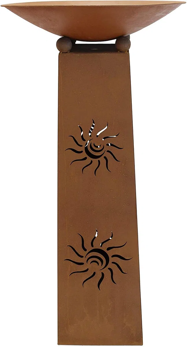 Dekosäule Sonne mit Feuerschale, Metall mit Edelrost, Feuerkorb | Metallsäule mit Feuerstelle / Pflanzschale, Outdoor Garten-Deko für Draußen
