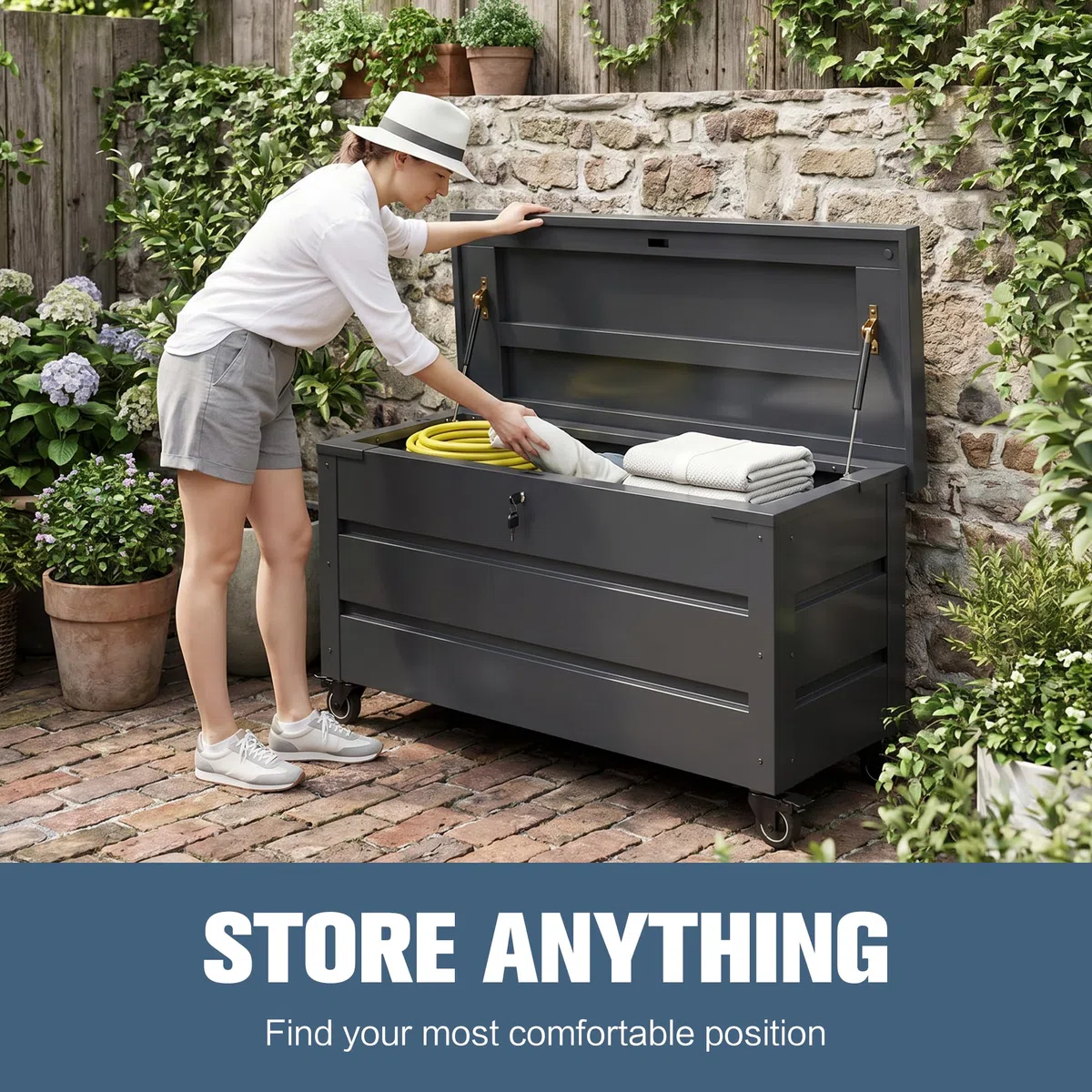 Gartenbox aus Metall mit Rädern und Schlössern 656L | Outdoor Kissenbox für den Garten mit Rostfeste Beschichtung | Outdoor Aufbewahrungsbox/Auflagenbox wasserdicht für Kissen - 158x63x66cm