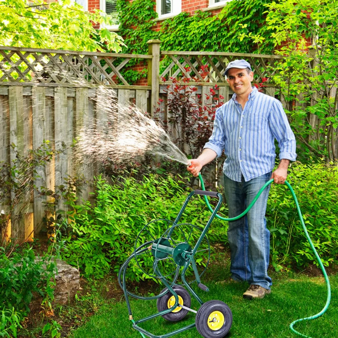 GOPLUS Schlauchwagen Metall, Gartenschlauchwagen für 3/4" Schlauch bis 61m, Schlauchtrommel mit Gummirädern & 188 cm Einlassschlauch, Schlauchaufroller Garten, 71 x 53 x 96,5cm, Grün