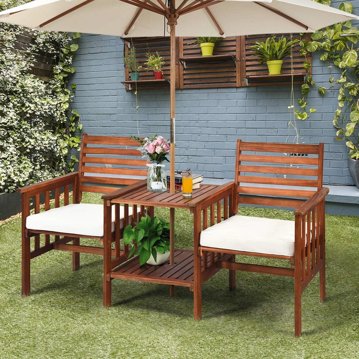 COSTWAY Gartenbank mit Tisch, 2-Sitzer Holzbank mit Sitzkissen & Schirmloch, Sitzbank aus Akazienholz bis 350 kg belastbar, Terrassenbank für Balkon, Garten, Terrasse, 165 x 65 x 88 cm