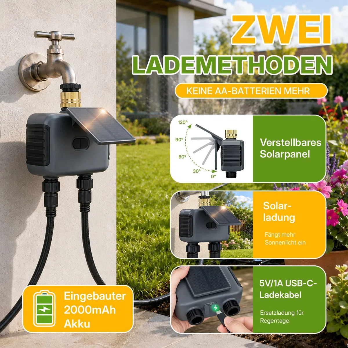 Mcbazel Solares Bewässerungscomputer mit 2 Ausgängen, WLAN-Bewässerungsuhr mit Solar & USB-C-Aufladung, App- & Sprachsteuerung, Regenverzögerung, Automatische/Manuelle Bewässerung, IP55 Wasserdicht
