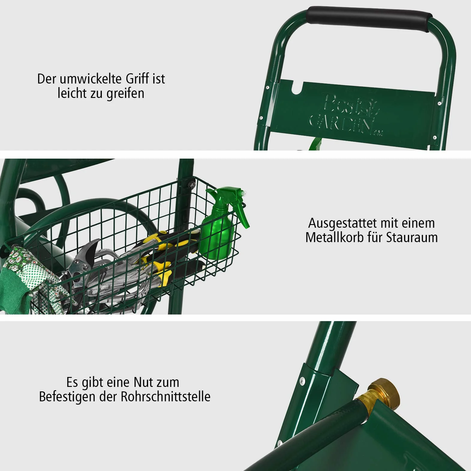 GOPLUS Schlauchwagen, Gartenschlauchwagen für 5/8" Schlauch bis 80m, Schlauchtrommel mit Korb & Gummireifen, Schlauchaufroller, aus Metall, grün, 95 x 62 x 113cm