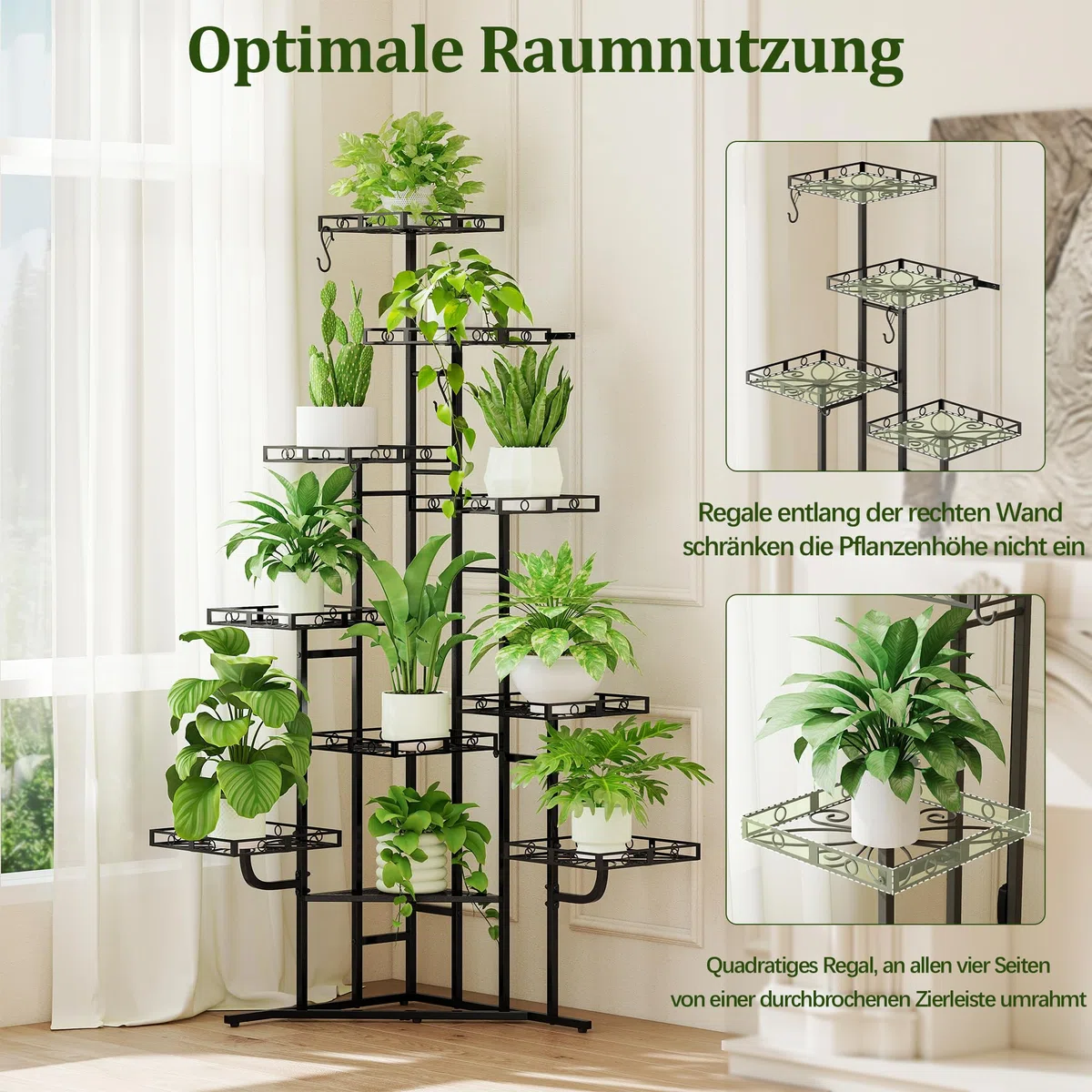 Quikraen 9 Ebenen Blumenständer, Pflanzenständer, 150cm, Metall, Schwarz | L-förmiges Design Pflanzenregal, Outdoor & Indoor Blumenregal, Blumentreppe für Wohnzimmer, Garten, Balkon, Rostbeständigen