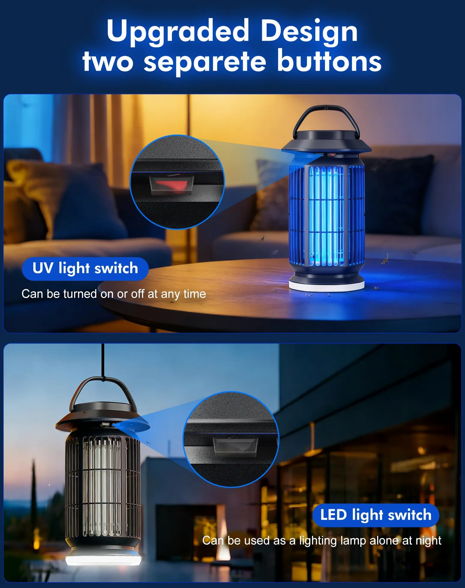 Bug Zapper Outdoor & Indoor, 4400V Elektrischer Mückenzapper mit UV & Blaulicht, Extra weiße LED, deckt bis zu 2100 m² ab, IP64 Wasserdicht