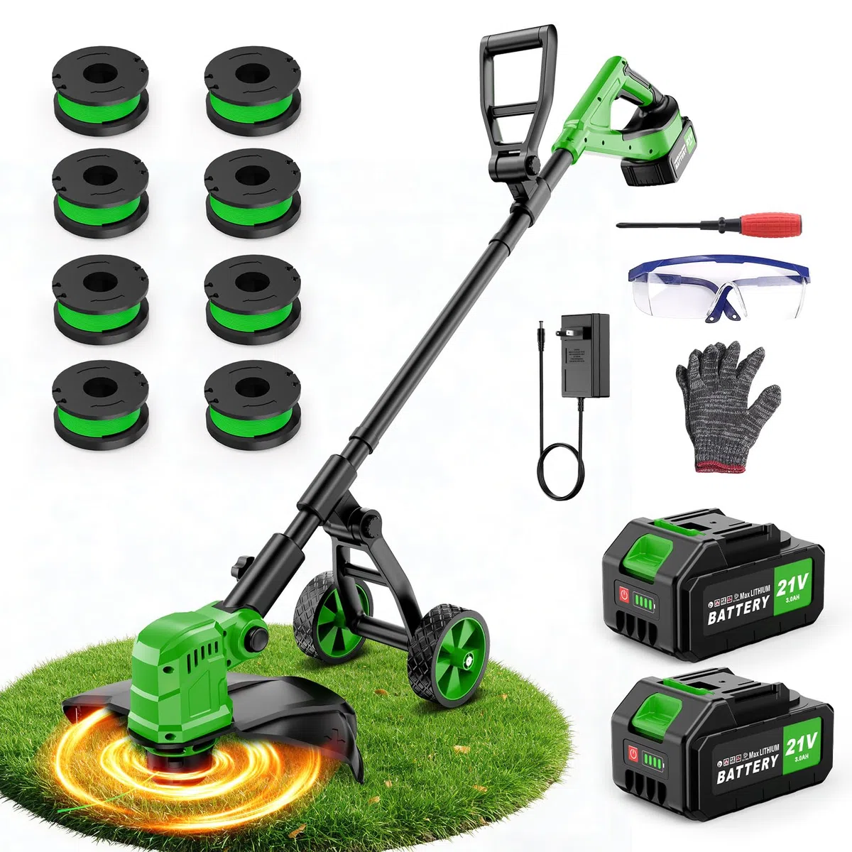 Rasentrimmer mit Rad 14 Zoll,Akku-Rasentrimmer mit 2×3,0 Ah Batterie und Ladegerät,20.000 U/min,4-in-1 Freischneider mit 800W Bürstenloser Motor,8 Ersatzspulen für Garden Trimmen,Höfe