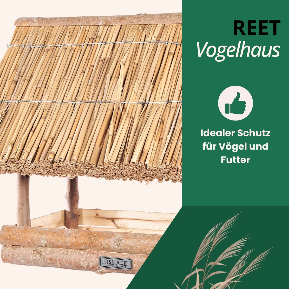 Vogelhaus mit Reetdach | Vogelfutterhaus SPREEWALD | Größe L | Holz Futterhaus für Vögel aus 100% Handarbeit I Ideal für Balkon, Garten & Terrasse I Witterungsbeständig