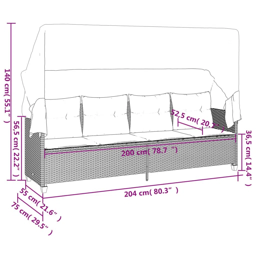 Sonnenliege mit Dach und Kissen Grau Poly Rattan, relaxliege wetterfest gepolstert, verstellbar für Garten Balkon Terrasse Pool, ergonomisch mit armlehne und UV Schutz