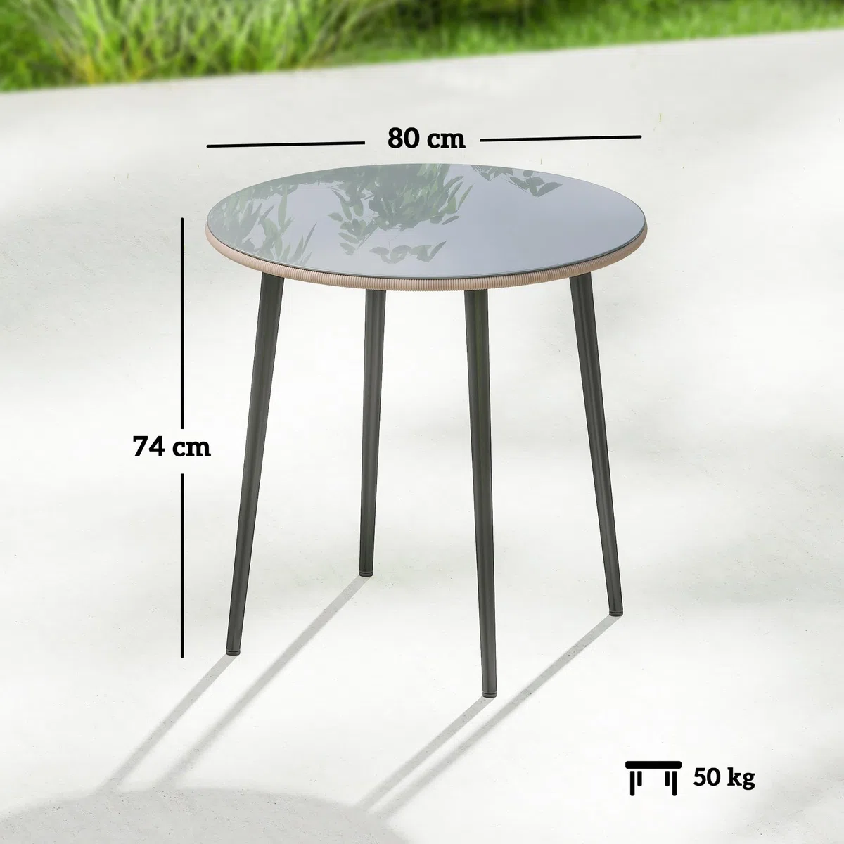 Outsunny Gartentisch Stahl 80 x 80 x 74 cm Buffettisch 4 Personen Grau | Mit Stahlrahmen, PE-Rattan-Rand, Verstellbaren Füßen, Campingtisch, Balkontisch, Outdoor Esstisch, Garten, Terrasse, Balkon