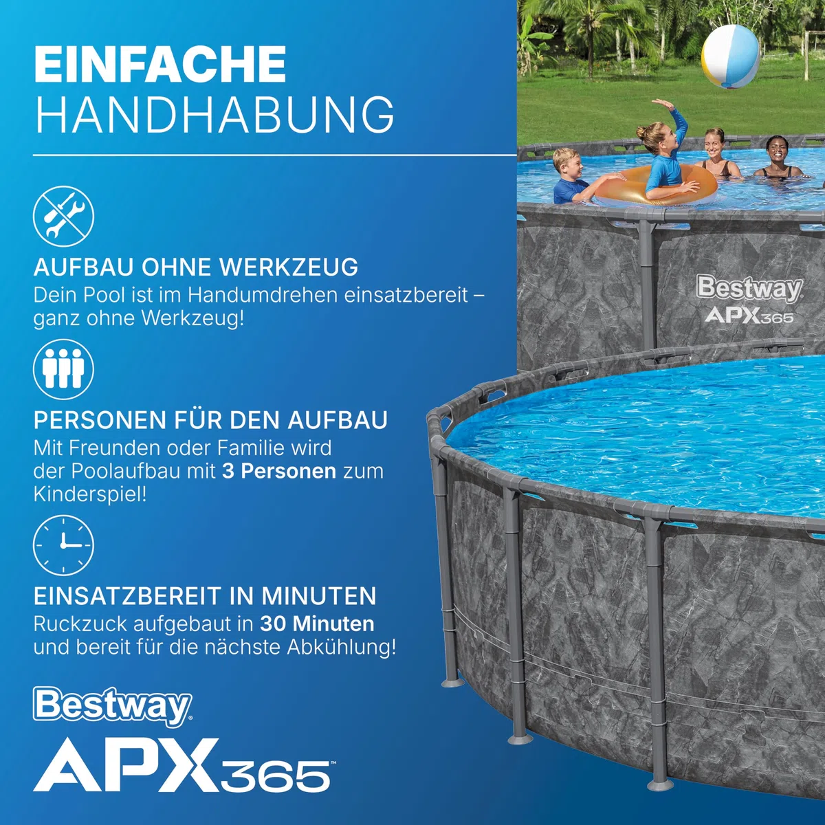 Bestway APX365 Winterfestes Frame Pool Set, Ø 671 x 132 cm, 40.377 Liter, Sandfilteranlage, Korrosionsbeständiger Stahlrahmen, ClickConnect System, Sicherheitsleiter, Abdeckplane, Filterbälle