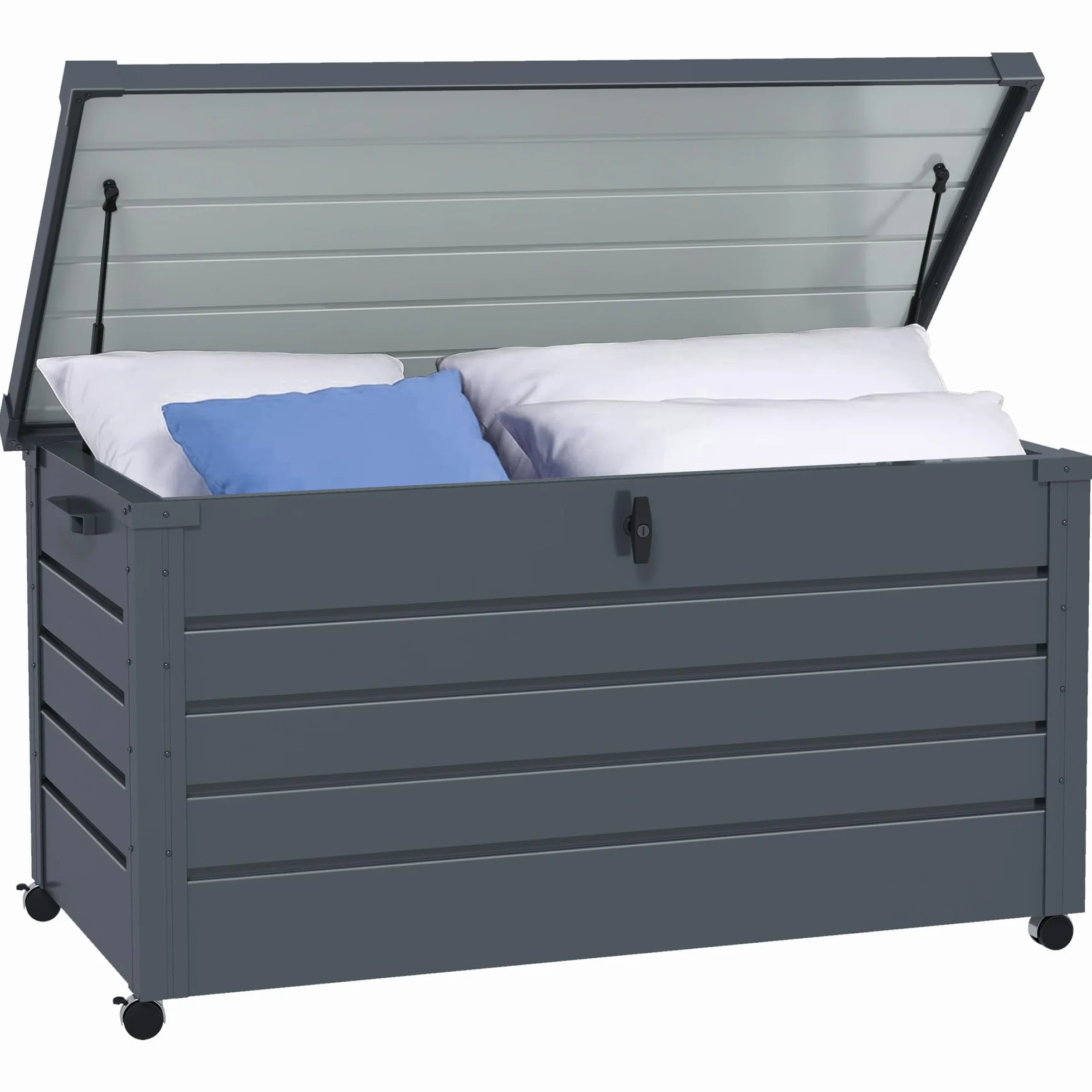 Outsunny Gartenbox Metall 311 Liter mit Griffen 120 x 62cm Dunkelgrau | Auflagenbox, Rollen, Schloss, Wasserdicht, Abschließbar, Gartentruhe, Outdoor Kissenbox, Wetterfest, für Garten Balkon