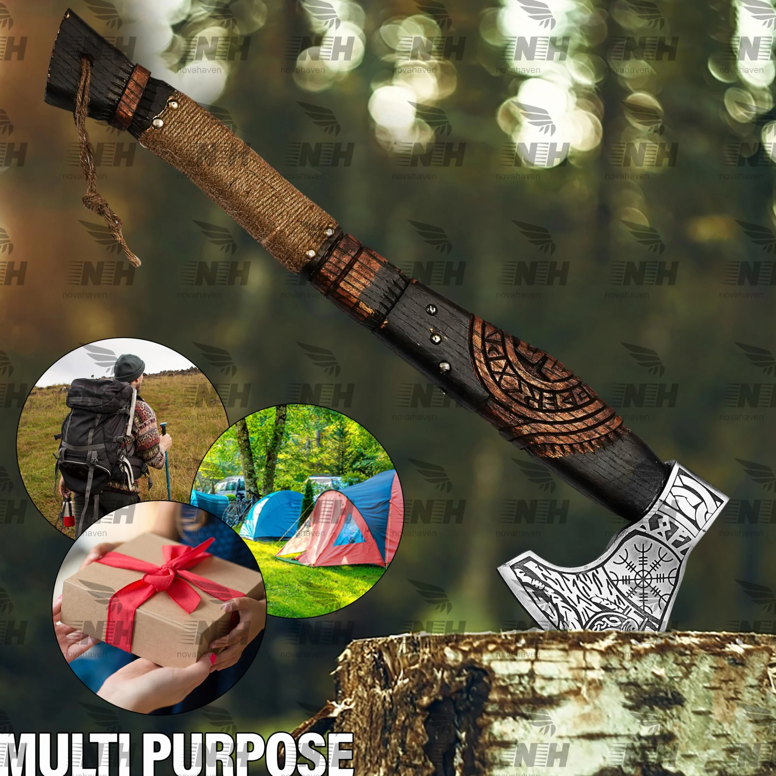 Ragnar Axe with 20 Inch Engraved Ash Handle and Etched Carbon Steel Blade - from NovaHaven