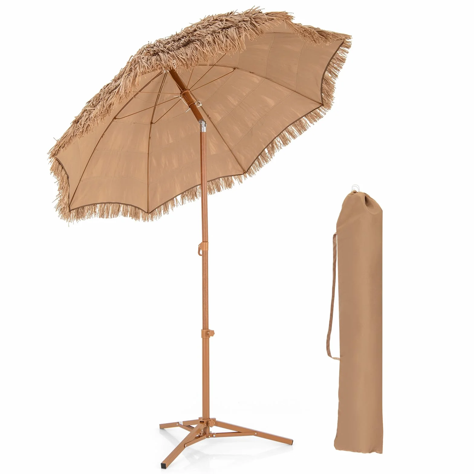 COSTWAY Sonnenschirm Hawaii, Strohschirm mit klappbarem Ständer, Strandschirm Stroh neigbar, Gartenschirm, Marktschirm, Terrassenschirm mit Tragetasche für Garten, Strand, Pool