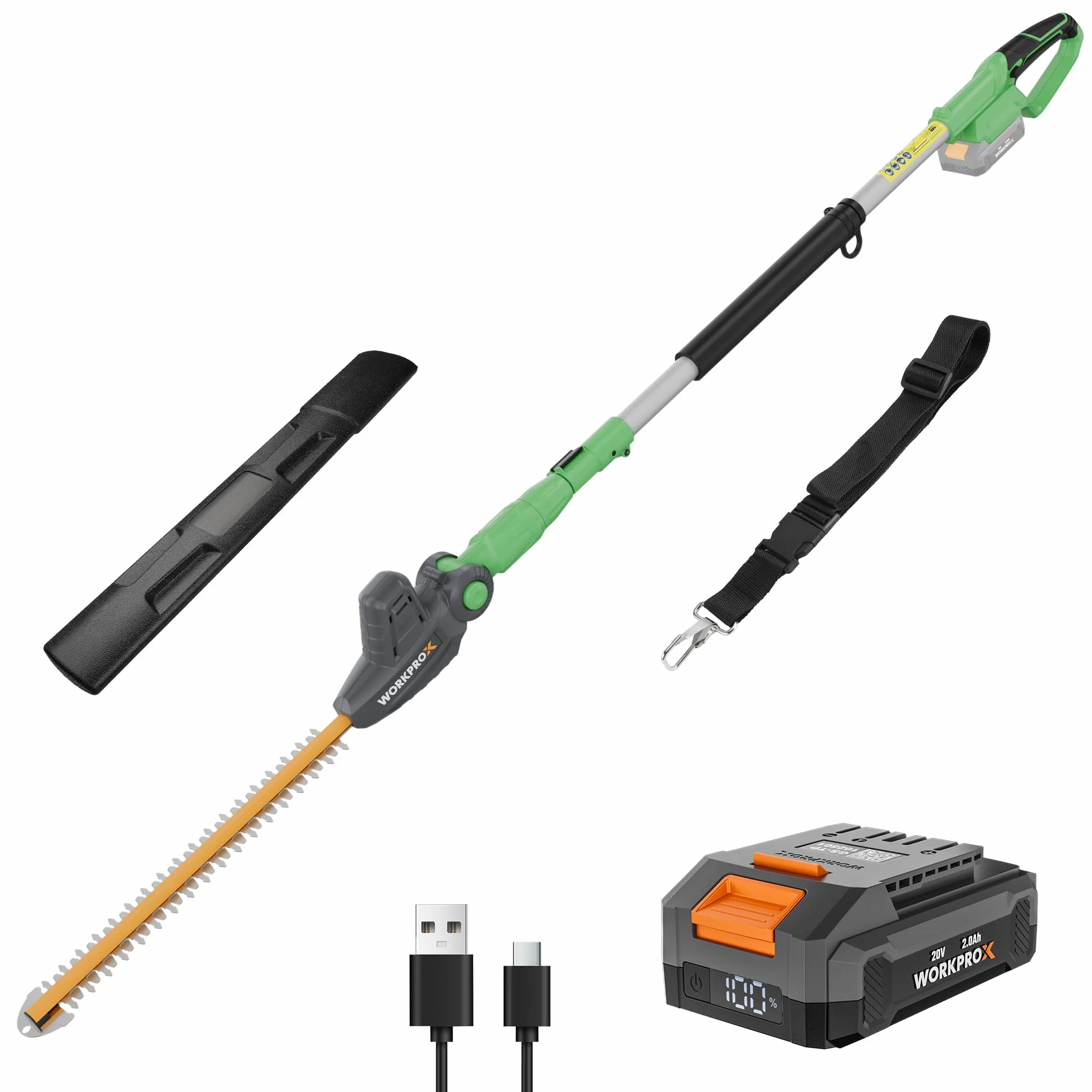 WORKPROX Akku Teleskop-Heckenschere 20V mit 2,0Ah Batteie & Typ-C Ladekabel, 2,8m Heckenschere Schnittlänge 45cm, Ø18mm, Heckentrimmer mit Teleskopstange für Garten, Hohen Hecken & Sträucher