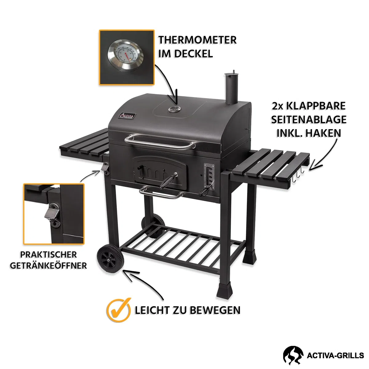 ACTIVA Holzkohlegrill Angulatus I Holzkohlegrill mit Deckel, verstellbarer Kohlewanne & Thermometer I Grillwagen für ein gelungenes Barbecue