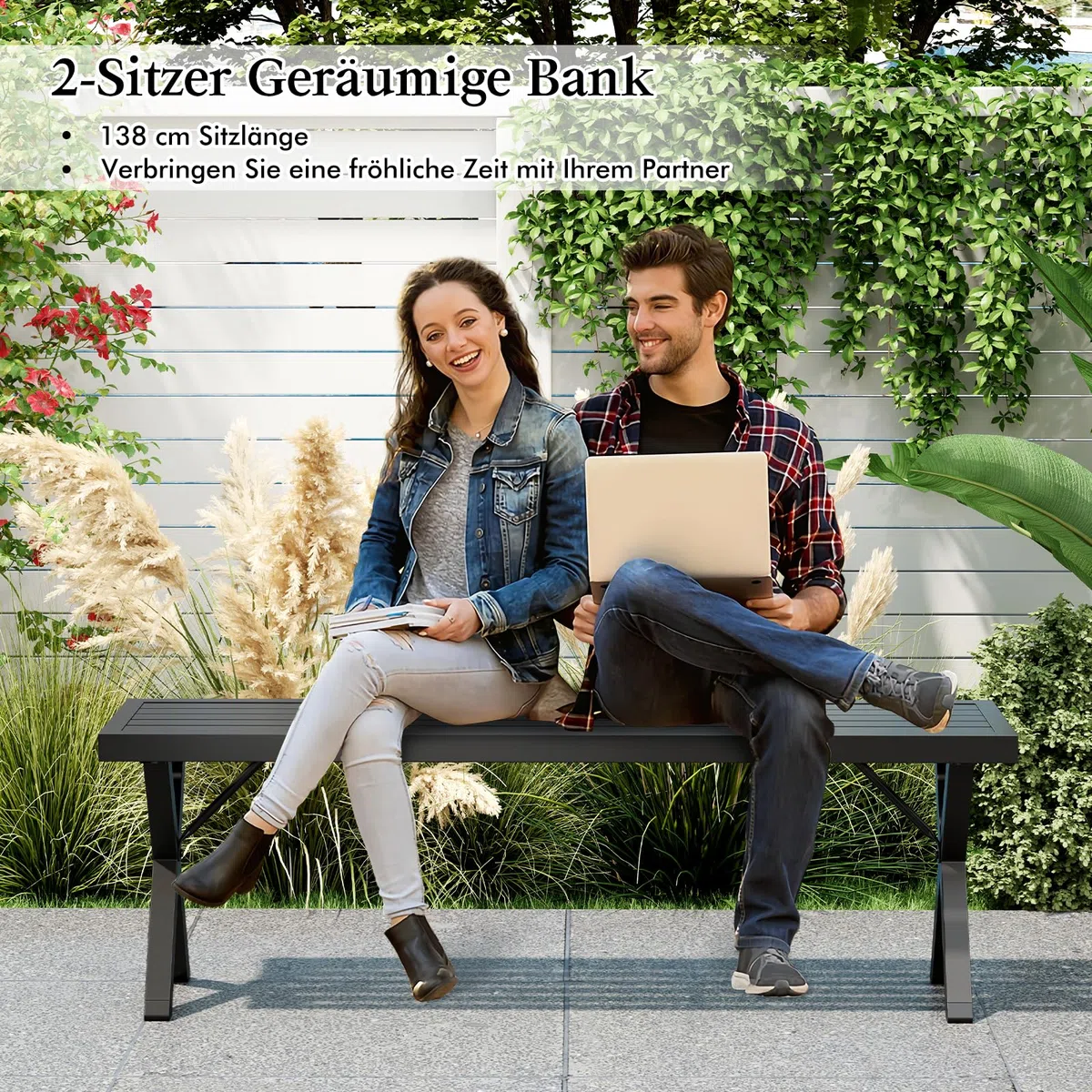 COSTWAY Gartenbank Metall wetterfest, 3-Sitzer Sitzbank ohne Rückenlehne, Balkonbank, Parkbank, Metallbank bis 360 kg belastbar, Terrassenbank für Garten, Balkon, Terrasse, 138 x 36 x 46 cm