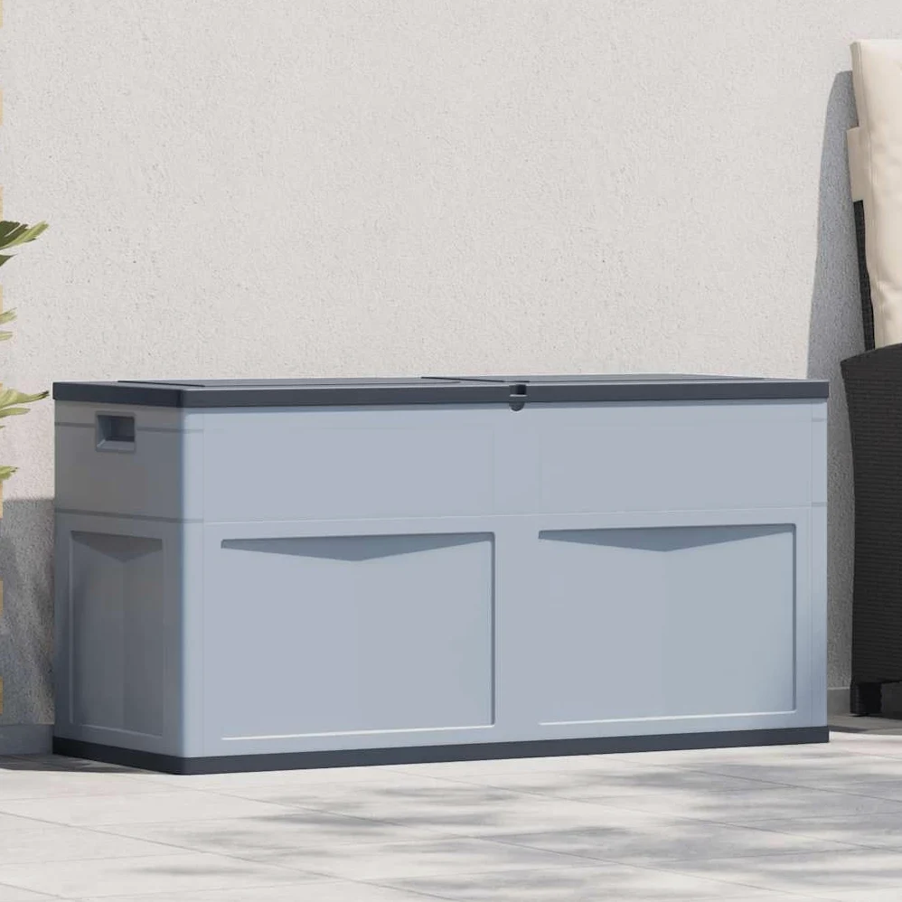 Générique Aufbewahrungsbox für den Garten, 320 Liter, grau schwarz, robuste Kunststoffbox für Kissen, Decken und Werkzeug, Innen- und Außenbereich, zeitloses Holzdesign