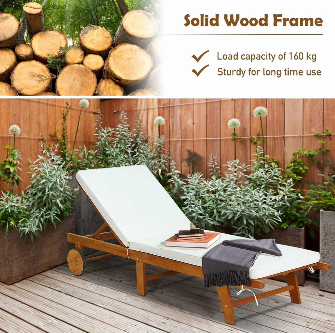 GIANTEX Sonnenliege Klappbar, Mobile Gartenliege mit Rollen, Liegestuhl mit Verstellbarer Rückenlehne, inkl. Kissen, Relaxliege Strandliege Massivholz bis 160 kg belastbar, Liege Garten (Holz)