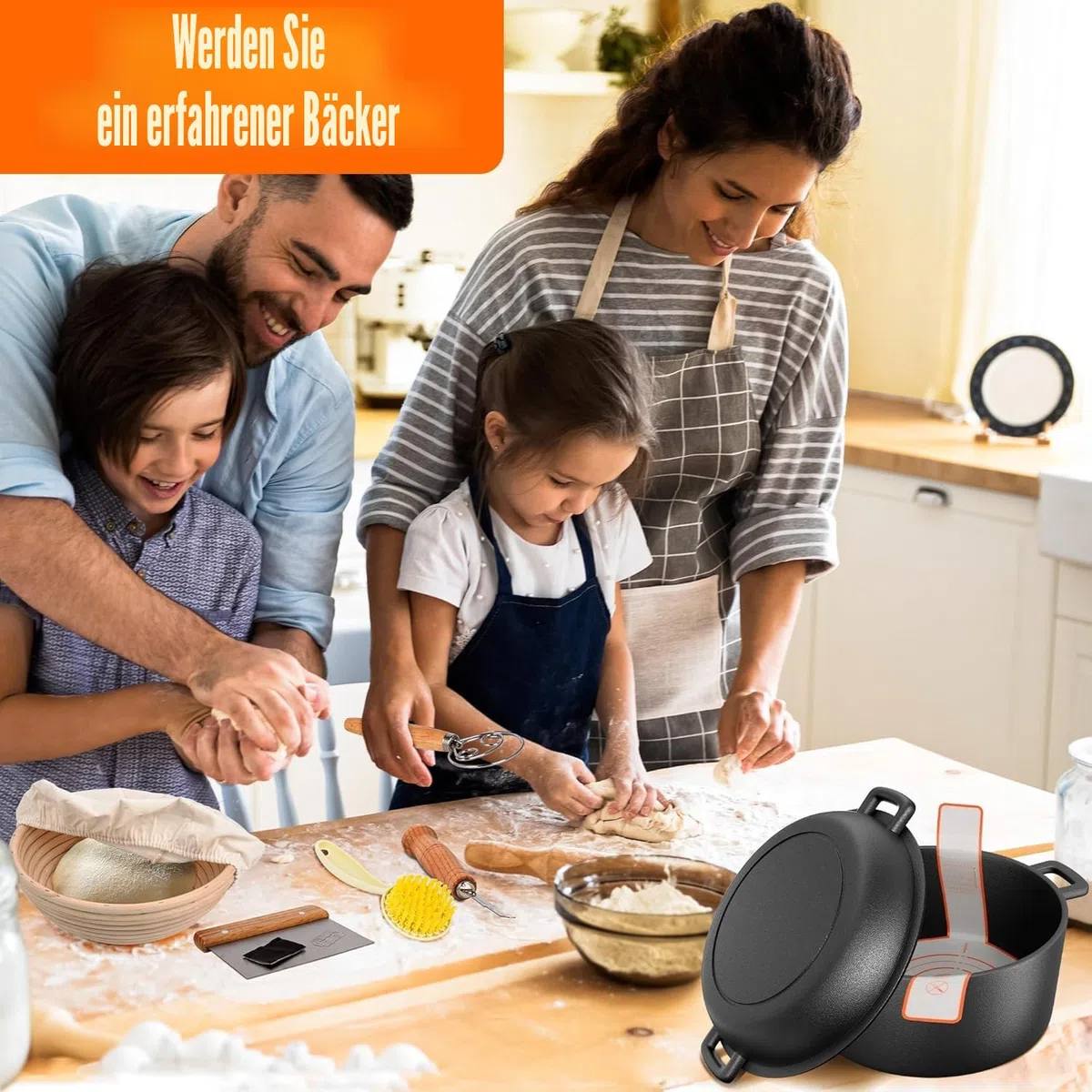 5QT Gusseisen Dutch Oven (Sauerteig-Starter-Set mit Gärkörbchen, Brotritzmesser & Deckel – ideal zum Brot Backen) (Familien-Kochen, Braten, Schmoren & BBQ)
