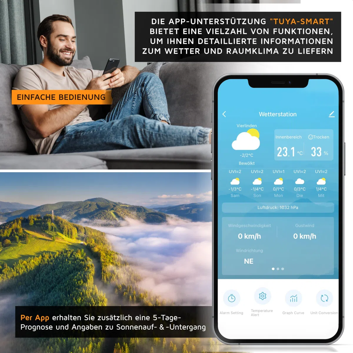 Brandson – Wlan Wetterstation mit TFT Farbdisplay – 7 in 1 Funk Außensensor – mit Tuya Smart App – Trend-Diagramme – Windgeschwindigkeit Windrichtung Regenmesser Temperatur Luftfeuchtigkeit Niederschl