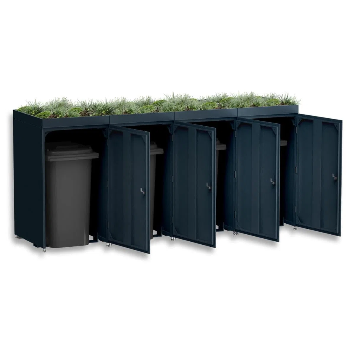 Metzler Mülltonnenbox 4er 240L in Anthrazit mit Pflanzdach | Für 4 Tonnen aus Aluminium rostfrei & abschließbar | Mülltonnenverkleidung außen mit höhenverstellbare Füße | Müllbox für Garten
