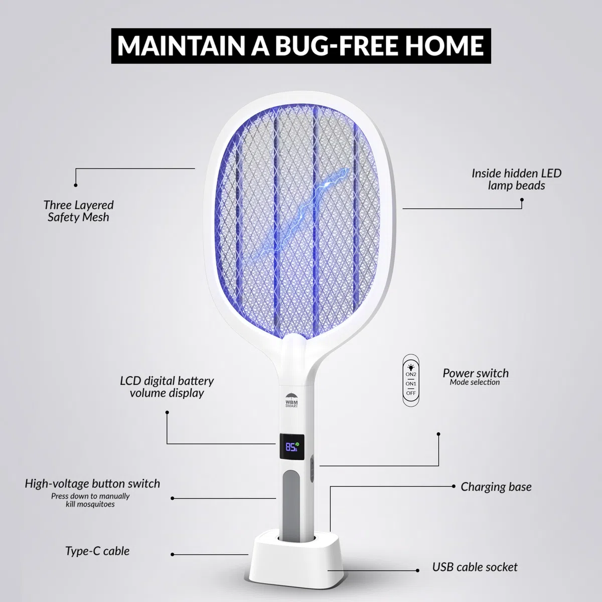 WBM SMART 2 in 1 Elektrischer Insektenvernichter, Mückenfalle Lampe & Schläger, USB Wiederaufladbare Elektrische Fliegenklatsche für Zuhause und Draußen, Leistungsstarkes Gitter, 3-lagiges