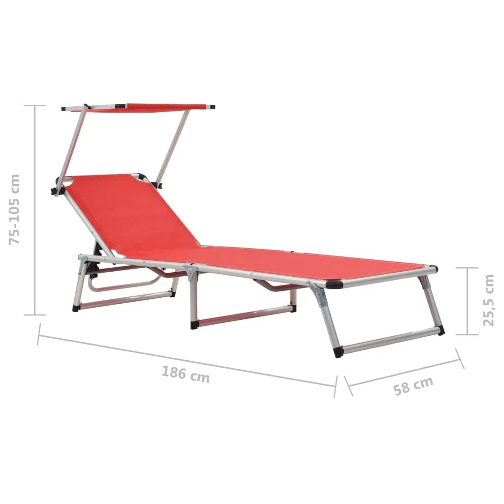 Klappbare Sonnenliegen mit Dach 2 Stück Aluminium Textilene Rot Verstellbare Gartenliege Strandliege für Balkon Terrasse Pool Outdoor Camping Komfortable Relaxliege