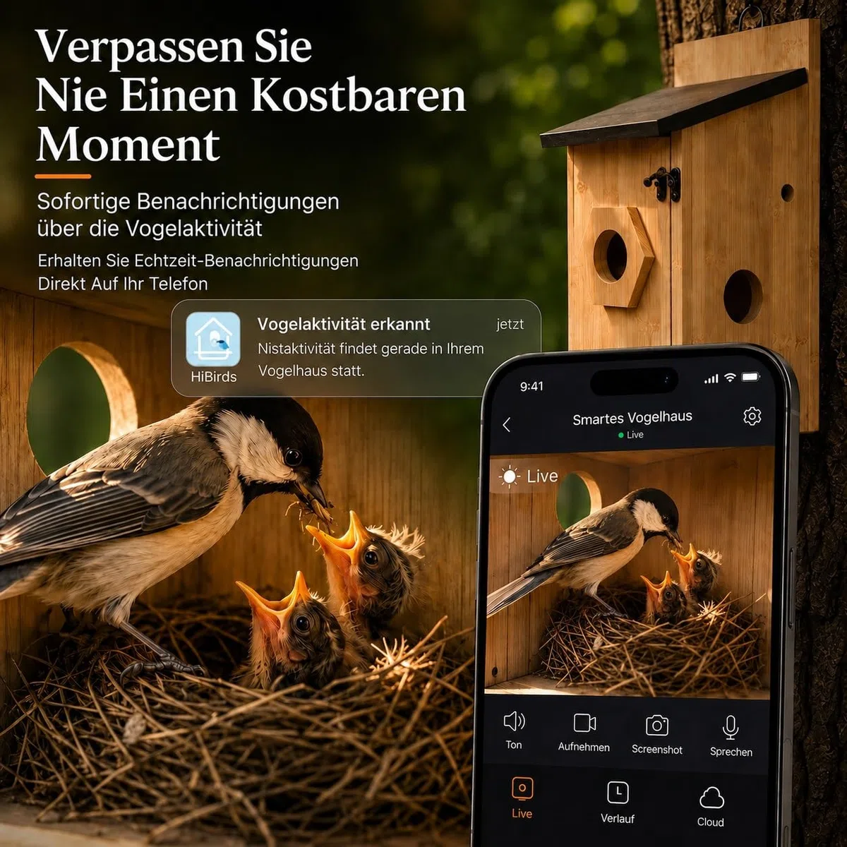 Vogelhaus mit Kamera, 5MP HD Nistkasten für Draußen mit Solarpanel Wetterfest, 2,4G WiFi und Nachtsichtmodul, Smarter Vogelbeobachtung für Wildvögel mit App-Benachrichtigung und Bewegungserkennung